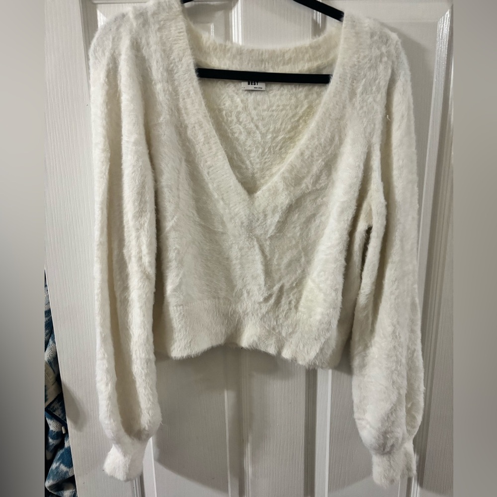 Sunday Best Cream Fuzzy V-Neck Sweater